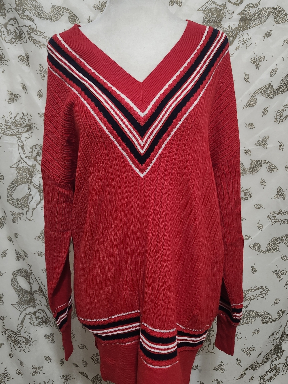 Rag & Bone Red V‑Neck Striped Trim Women's Sweater Xs